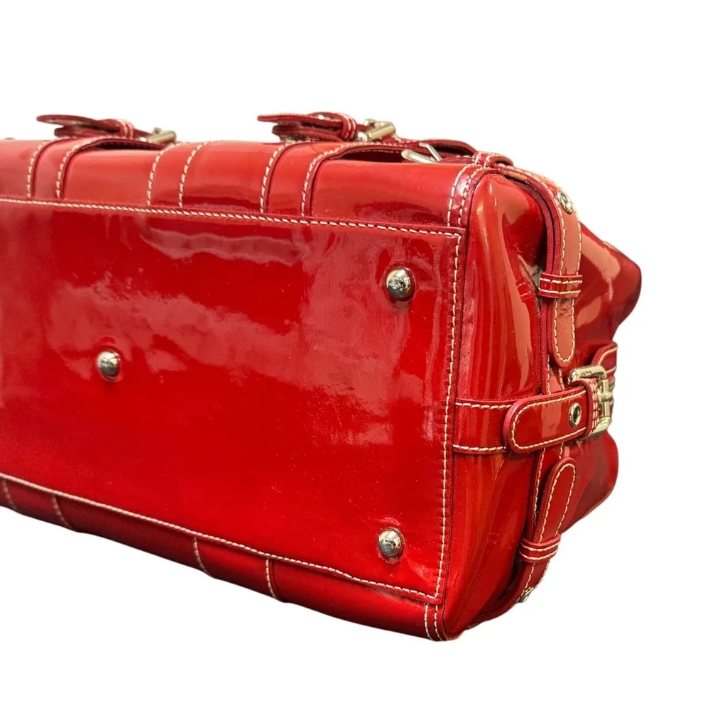 MCM Satchel Top Handle Bag Red Patent Leather‎ Buckle Detail EUC